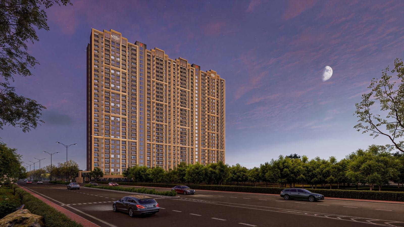 Kohinoor Royale Towers exterior, daytime view from the boulevard